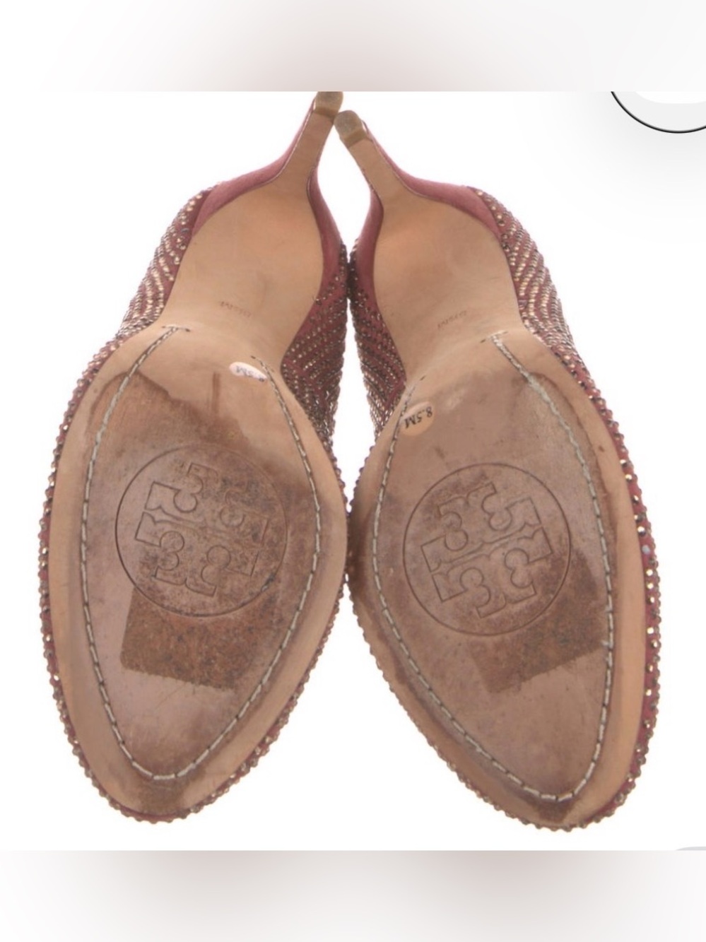 Tory Burch Burgundy Round Toe Crystal & Bow Four Inch High Heel Pumps - Size 8.5 - Picture 5 of 11